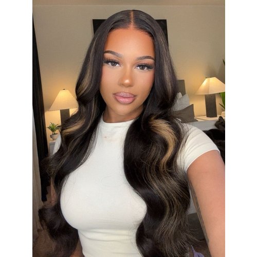 Bye Bye Knots™ 7x5 Glueless Lace Wig Black With Blonde Highlights 3D Body Wave Bleached Knots