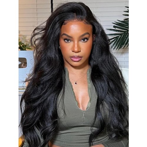 13x6 Lace Frontal Pre-Everything Wig Black Yaki Straight With 4C Curly Baby Hair
