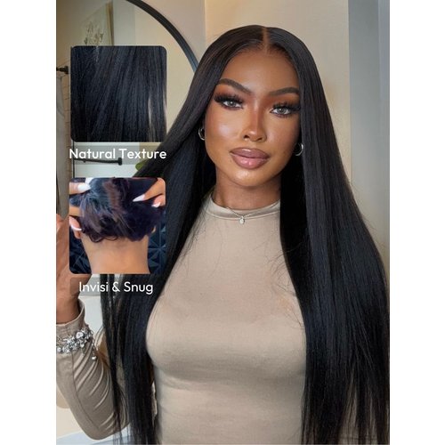 Bye Bye Knots™ Wig 7x5 Glueless Lace Black Yaki Straight Wig With Elastic Drawstring 360 Cozy Hug