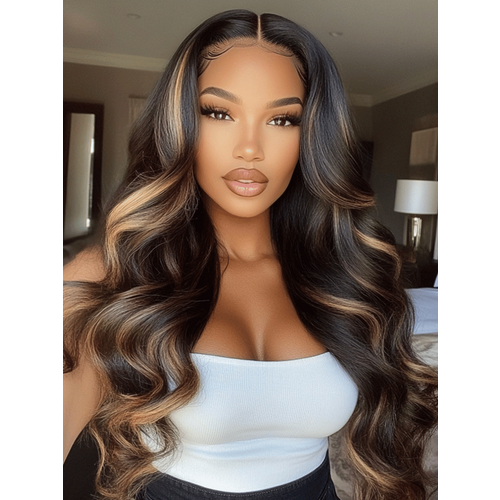 7x5 Bye Bye Knots™ Glueless Lace Wig Black With Blonde Highlights 3D Body Wave Clean Bleached Knots