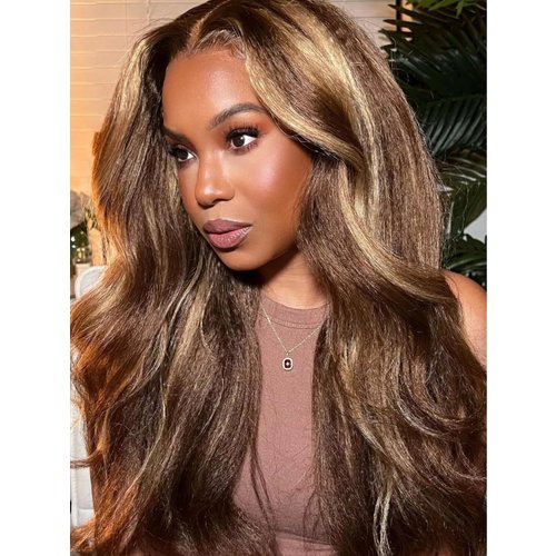 13x4 Lace Frontal Kinky Straight Honey Blonde Highlights Wig 100% Human Hair