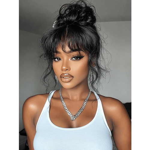 From 24'' 13x4 Pre-Everything™ Lace Front Black Fluffy Natural Bouncy Loose Wave Curtain Bangs Wig