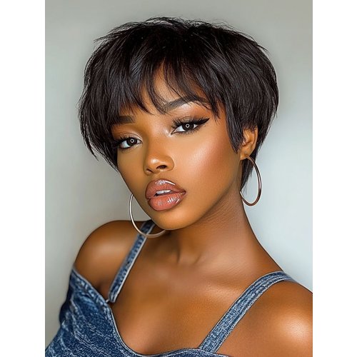 Short Pixie Cut Human Hair Glueless Wig With Side Bangs