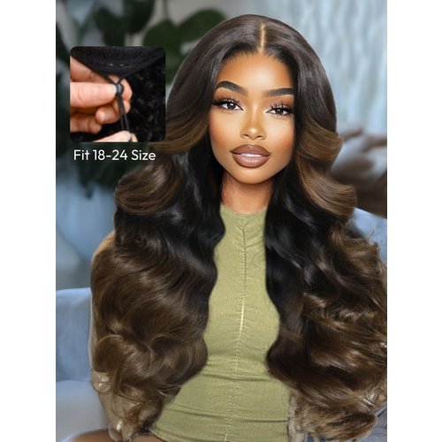 Invisi Drawstring EasiContour™ V Part Black to Chestnut Brown Ombre Body Wave Wig