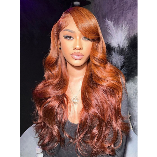 ByeBye Knots 7x5 Lace Red Orange Highlights Wig with Face Framing Layers Loose Wave 150% Density