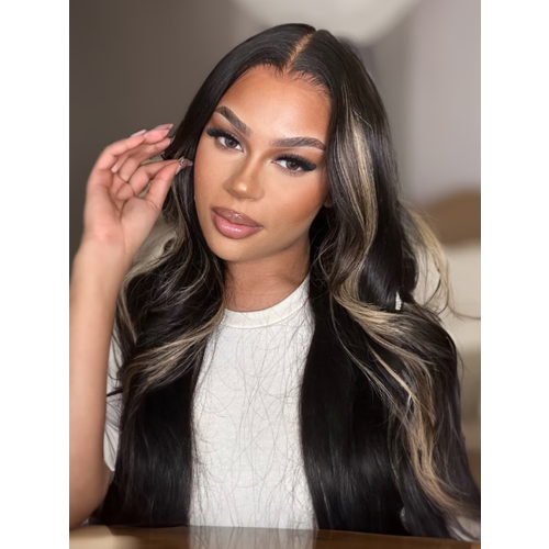 Byebye Knots 7x5 Pre-Cut Glueless Lace Invisible Knots Black With Blonde Highlights Body Wave Huma Hair Wig