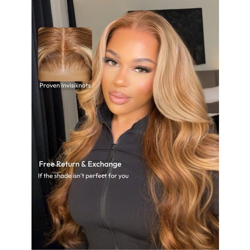 7x5 Bye-Bye Knots Wig Pre-Cut Glueless Lace Honey Blonde Body Wave Wig With Bleached Clean Knots