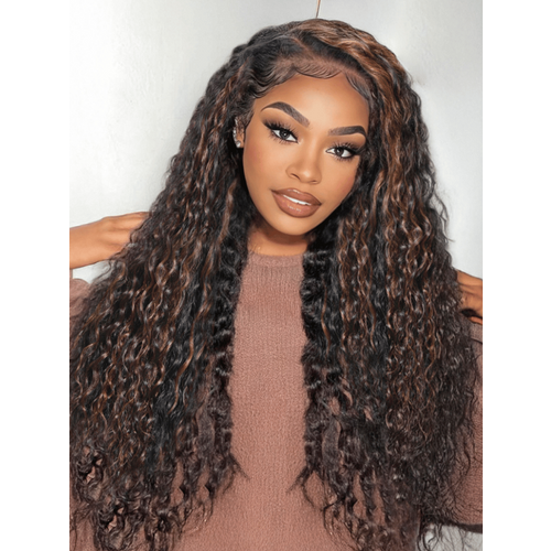 7x5 Bye-Bye Knots Lace Water Wave Black Wig With Golden Brown Highlights