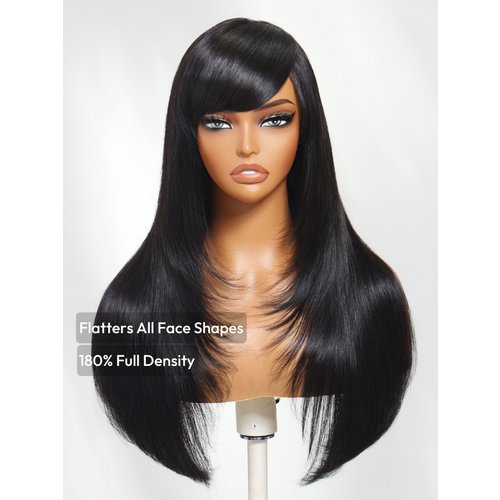 Flash Sale: 22inch 180% Density 7x5 Bye-Bye Knots Lace Feather Layer Straight Wig With Side Bangs
