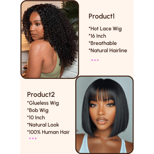 $99=2 Wigs | 16 Lace Part Kinky Curly Wig and 10 Bob Wig with Bang