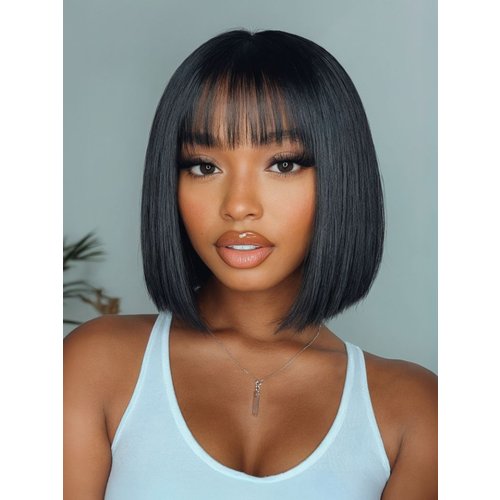 UNice Straight Bob Black Wig Human Hair Glueless Wig with Blunt Bangs 150% Density