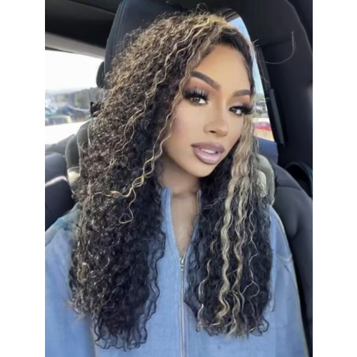 UNice 180% Density Pre-Cut 6x4.5 Glueless Lace Honey Brown Highlights Jerry Curly Wig With Bleached Knots