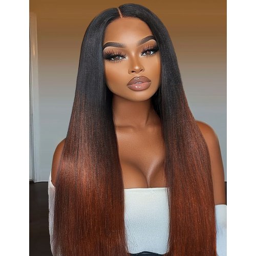EasiContour™ V Part Black to Reddish Brown Ombre Yaki Straight Wig