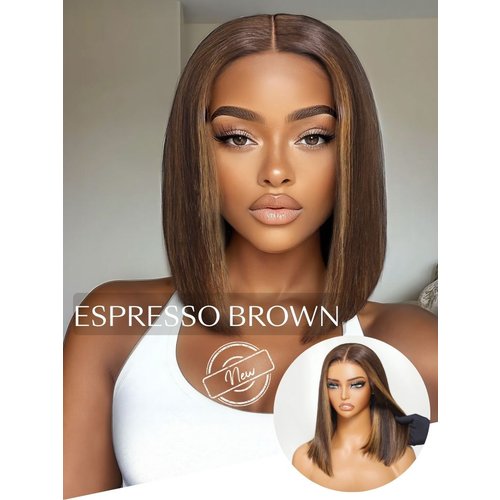 7x5 Bye-Bye Knots Lace Espresso Brown With Highlights Middle Part Blunt Bob Wig