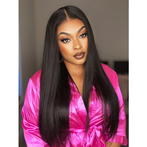 200% Density 13x4 Transparent Lace Frontal Black Straight 7x5 Bye Bye Knots Pre-Plucked Human Hair Wig