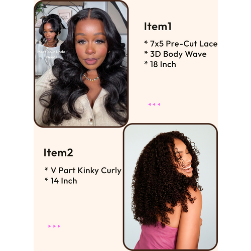 2 Wigs $189 for 7x5 Bye Bye Knots Body Wave 18 And V Part Kinky Curly 14 Wigs