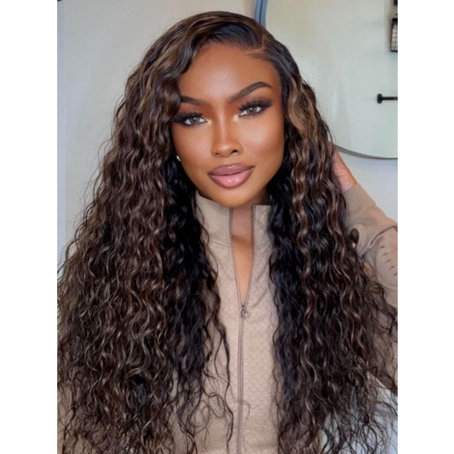 UNice Bye-Bye Knots 7x5 Lace Water Wave Black Wig With Golden Brown Highlights & Natural Black Perfect Beach Look for Summer