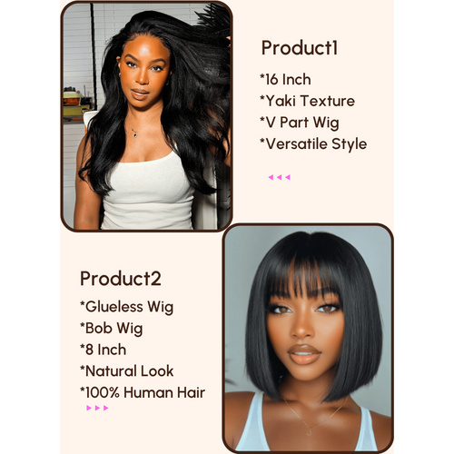 $129=2 Wigs | 16 Yaki V Part Wig and 8 Bob Wig with Bang