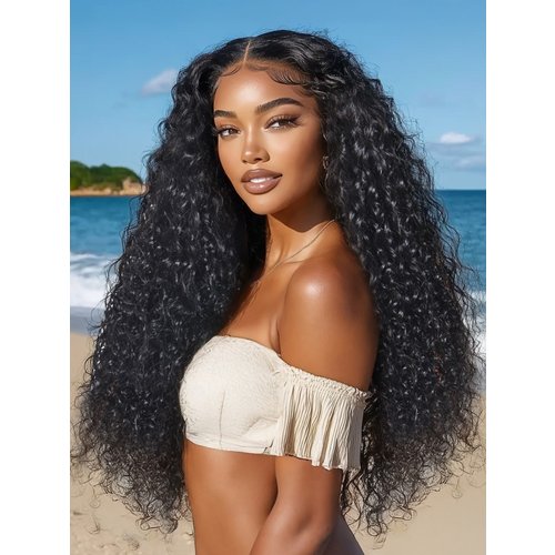 13x4 Drawstring Pre-Everything Lace Frontal Natural Black Bouncy Water Wave Curly Wig Youtuber Hot Style