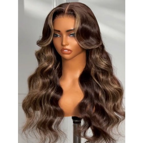 7x5 Bye-Bye Knots Lace Chocolate Brown Hair With Highlights Loose Wave Wig With Face Framing Layers 150% Density