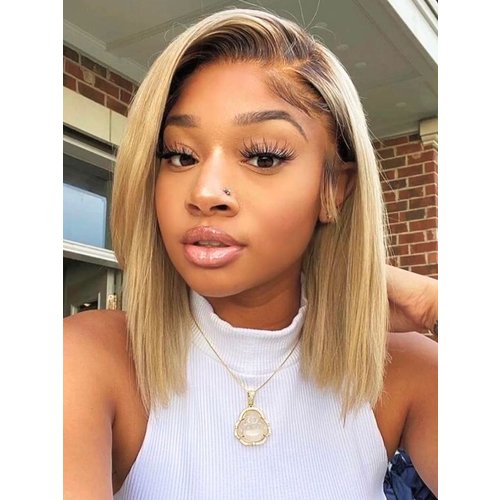Blonde with Brown Roots Side Part Blunt Bob Wig 7x5 Bye-Bye Knots Lace Wig