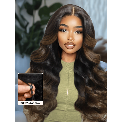 UNice EasiContour™ V Part Black to Chestnut Brown Ombre Body Wave Wig With Invisi Drawstring