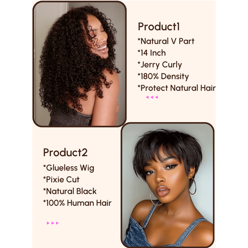 $129=2 Wigs | 180% Density V Part Wig and Pixie Cut Glueless Wig