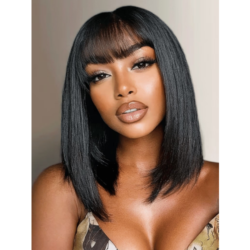 UNice 2x4 Lace Closure Yaki Straight Bob Wig with Bangs 150% Density