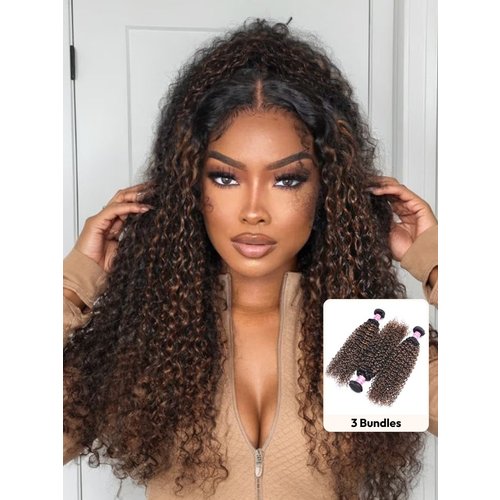 UNice #FB30 Brown Balayage Highlight 3Pcs Jerry Curly Human Hair Bundles