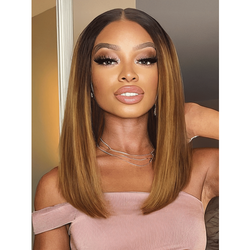 13x4 Pre-Everything Brown With Blonde Piano Highlights Blunt Bob Wig with Dark Roots With Invisi Drawstring