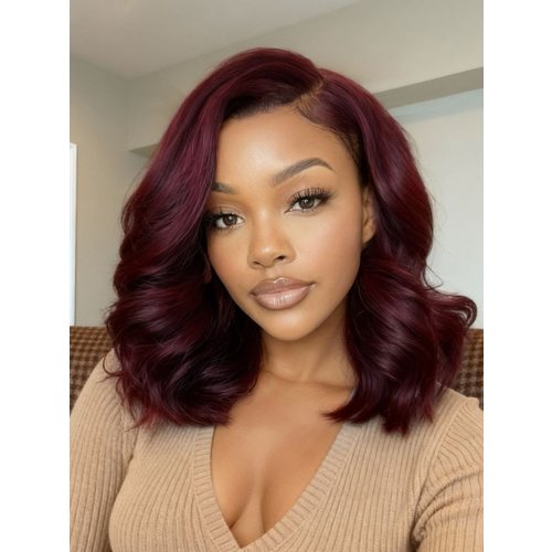 UNice 100% Human Hair Black Cherry Bye-Bye Knots™ 7x5 Lace Glueless Bob Drawstring Body Wave Wig 150% Density