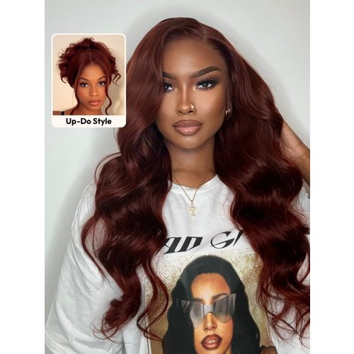 UNice 7x5 Bye Bye Slip Wig Glueless Lace 150% density Flattering Sun-Kissed Warm Tones Reddish Brown Body Wave Bleached Knots Drawstring Wig