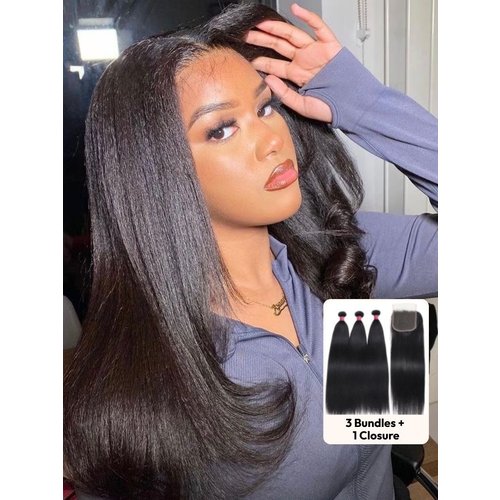 UNice Natural Black 4x4 Lace Closure With 3Pcs Yaki Straight Bundles