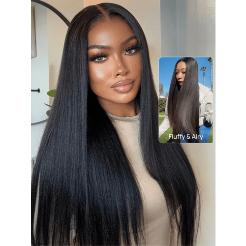 20-26 7x5 Bye Bye Knots Wig Glueless Lace Black Yaki Wig With Bleached Knots Bouncy 150% Density