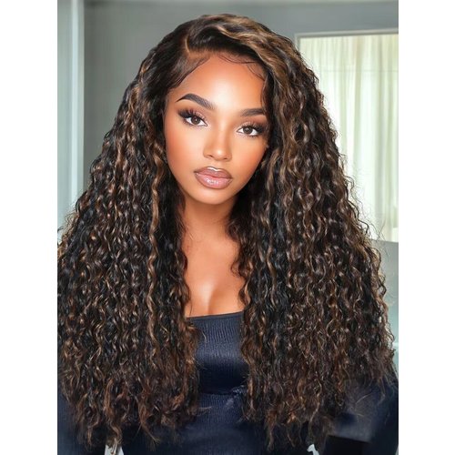20-24 Highlight Bouncy 13x4 Drawstring Water Wave Curly Pre-Everything Lace Frontal Wig