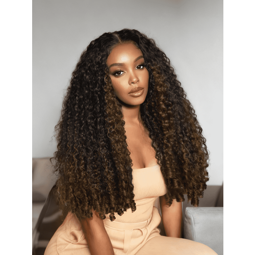 UNice Black to Chestnut Brown Ombre Curly Texture Premium Hair Drawstring V Part Wig With Finger Coil Ends