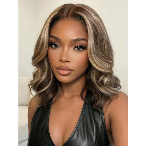 UNice 13x4 Pre-Everything™ Pre-Cut Lace Frontal Dark Brown with Face Framing Highlights Layered Cut Bob Drawstring Wig