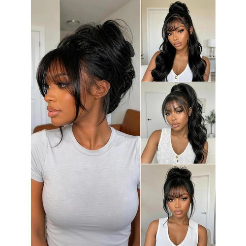 7x5 Bye-Bye Slip™ & 13x4 Pre-Everything™ Pull & Go Black Fluffy Loose Wave Wispy Bangs Glueless Wig