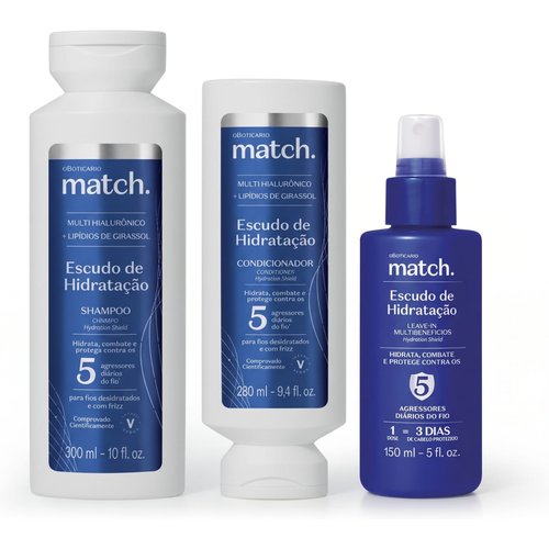 Combo Match Escudo de Hidratação: Shampoo 300ml + Condicionador 280ml + Leave-In Multibenefícios 100ml