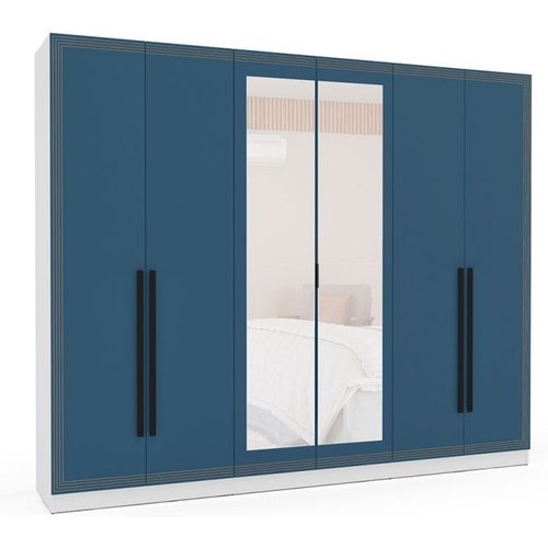 Guarda-roupa Casal Com Espelho Valência 6 Portas 4 Gavetas Branco E Azul