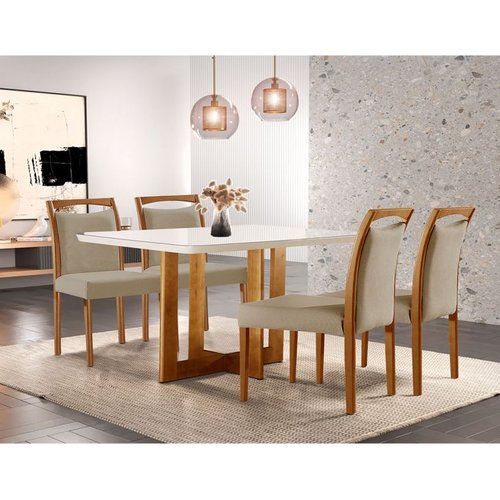 Conjunto De Mesa De Jantar Retangular Com Tampo De Vidro Off White Talia E 4 Cadeiras Livia Linho Bege E Imbuia