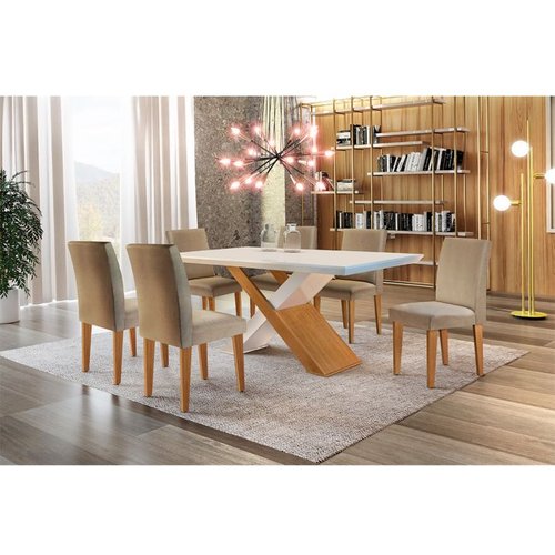 Conjunto De Mesa De Jantar Com Tampo Off White Imperatriz E 6 Cadeiras Grécia Linho Bege E Imbuia
