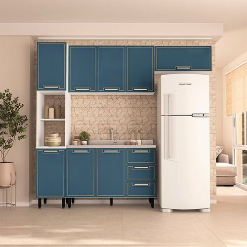 Cozinha Compacta Sem Tampo Amara 8 Portas 3 Gavetas Azul E Branca