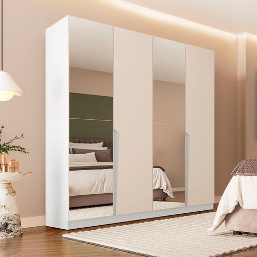 Guarda-roupa Casal Com Espelho Porto 4 Portas 4 Gavetas Branco E Creme