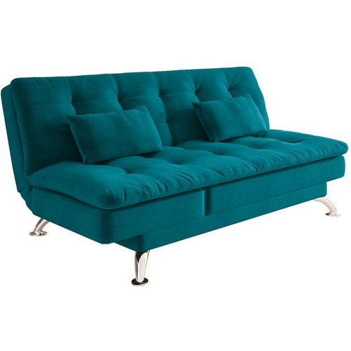 Sofá-cama Casal 3 Lugares Amanda Suede Com Almofadas Turquesa