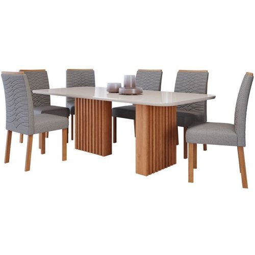 Conjunto De Mesa De Jantar Retangular Com Tampo De Vidro Off White Ester E 6 Cadeiras Clarice Linho Grafite E Cinamomo