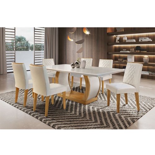 Conjunto De Mesa De Jantar Com 6 Cadeiras Estofadas Maia I Veludo Off White E Creme
