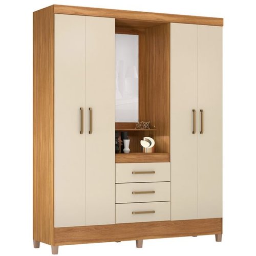 Guarda-roupa Solteiro Com Espelho Capelinha 4 Portas 3 Gavetas Amêndoa E Off White