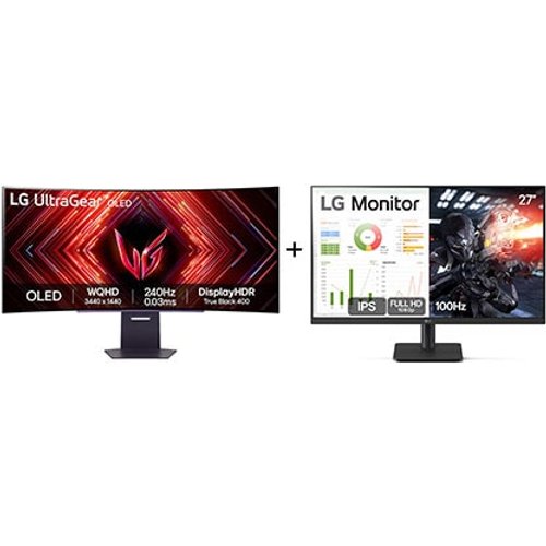 Monitor Gamer LG UltraGear OLED Curvo - Tela OLED 45" + Monitor PC Gamer LG 27" IPS, Full HD, 100Hz, HDMI - 45GS95QE.27MS500