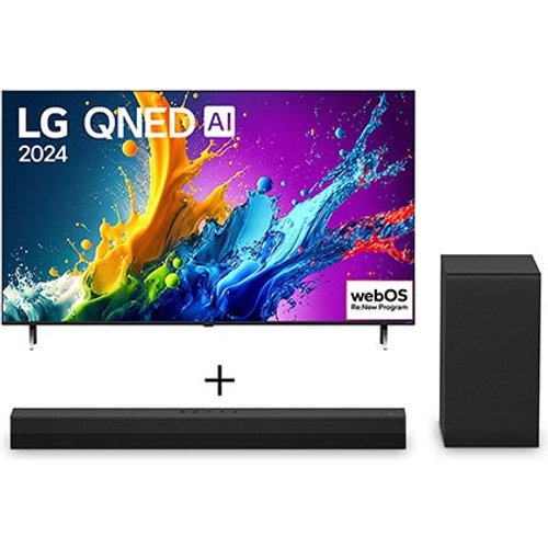 Smart TV LG QNED AI QNED80 55” 4K 2024 + Soundbar LG S40T - 300W RMS, 2.1 Canais, Dolby Digital, Sem fios, Bluetooth 5.3, Entrada Óptica, HDMI, AI Sound Pro - 55QNED80.S40T